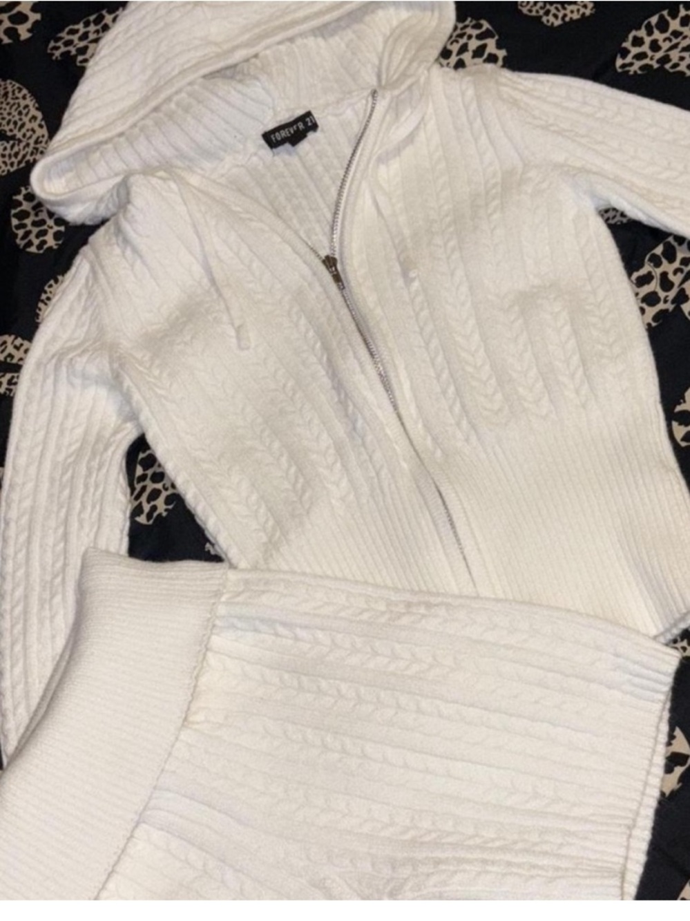 Forever 21 White Cable Knit Zip Hoodie & Matching Skirt Set
